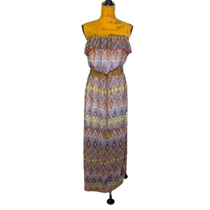 NO BOUNDARIES Multi-Color Geometric Paisley Print Strapless Maxi‎ Dress